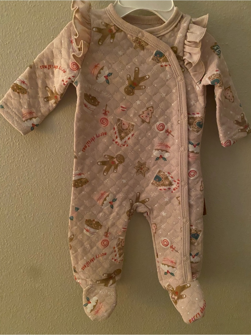 Quilted Light Pink Gingerbread Print Footed One-Piece for Baby